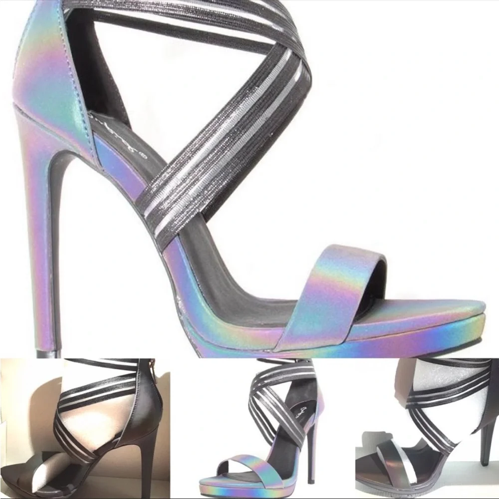 Dark Grey Reflective Vegan Leather Ankle Strap High Heel Sandals